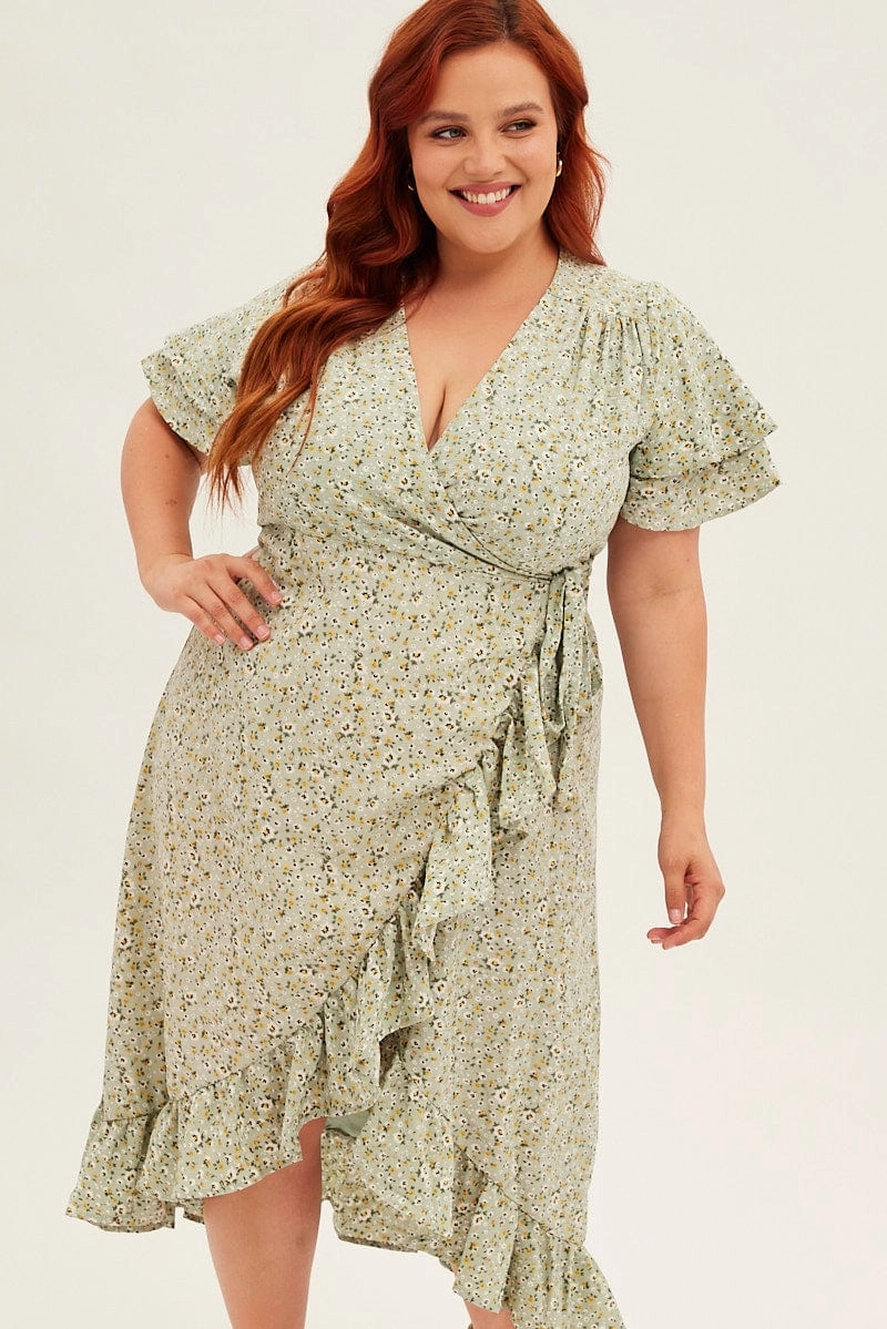 Texture Style Smart Edge Ditsy Print Short Sleeve Frill Hem Wrap Dress