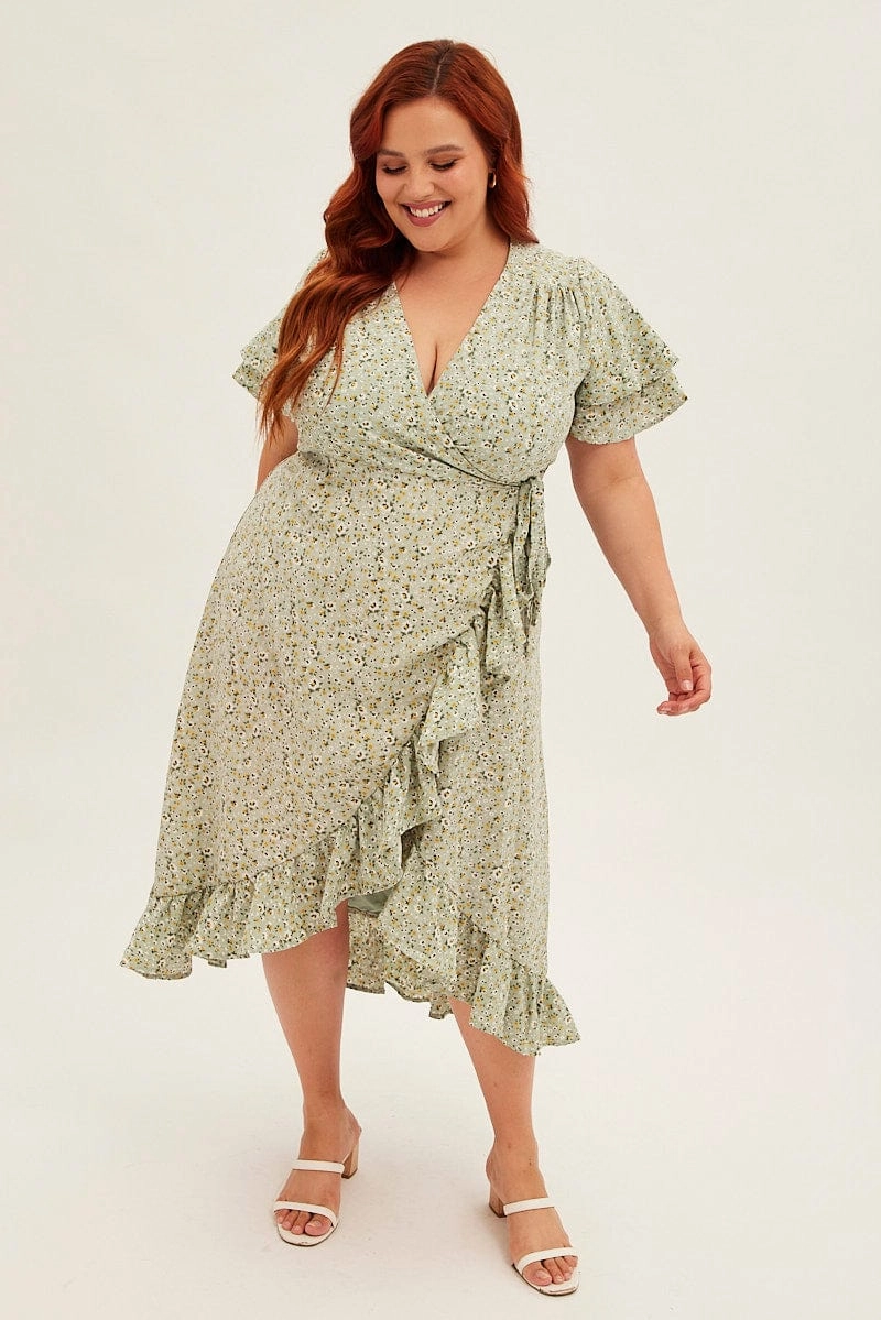 Perfect Fit Look Move Free Ditsy Print Short Sleeve Frill Hem Wrap Dress