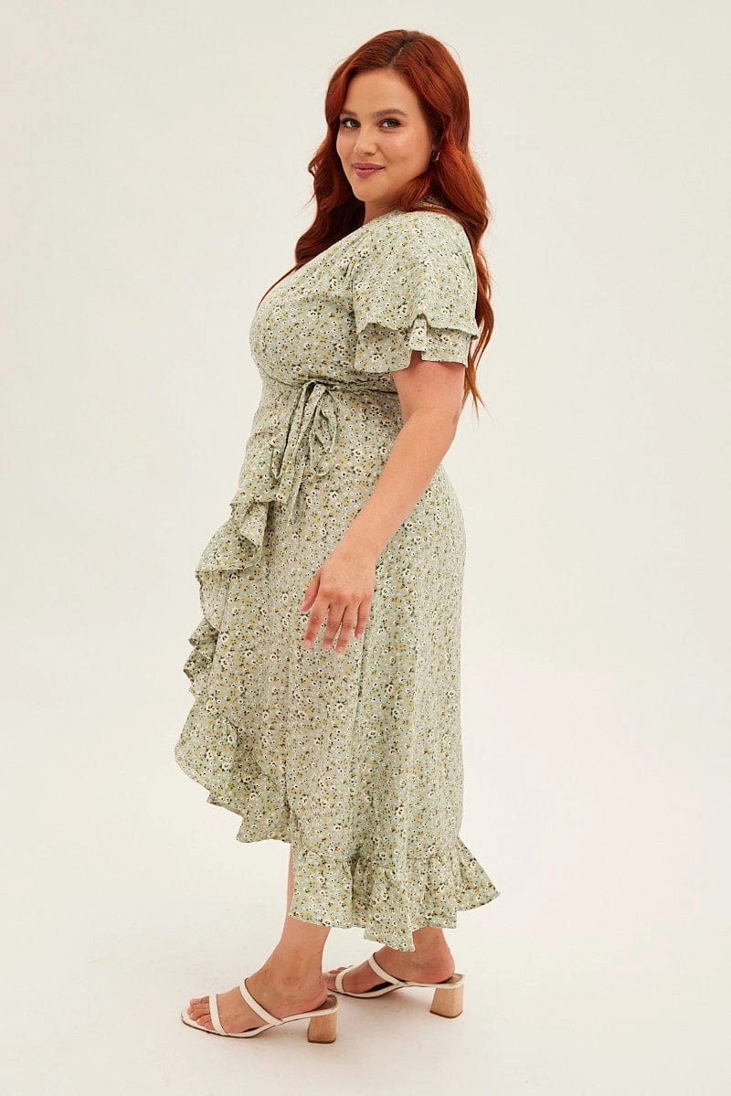 Balloon-Sleeve Editor??s-Pick Ditsy Print Short Sleeve Frill Hem Wrap Dress