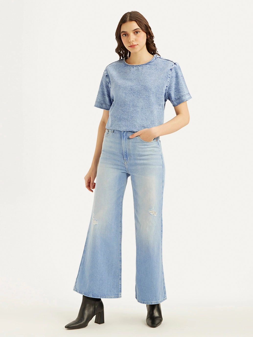 Women's Blue Ribcage Bell Bottom Wide Leg Fit High Rise Jeans Neutral Look