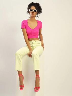 Madame Mid Rise Cotton Green Denim Raw Hem Design Crosshatch Stitching