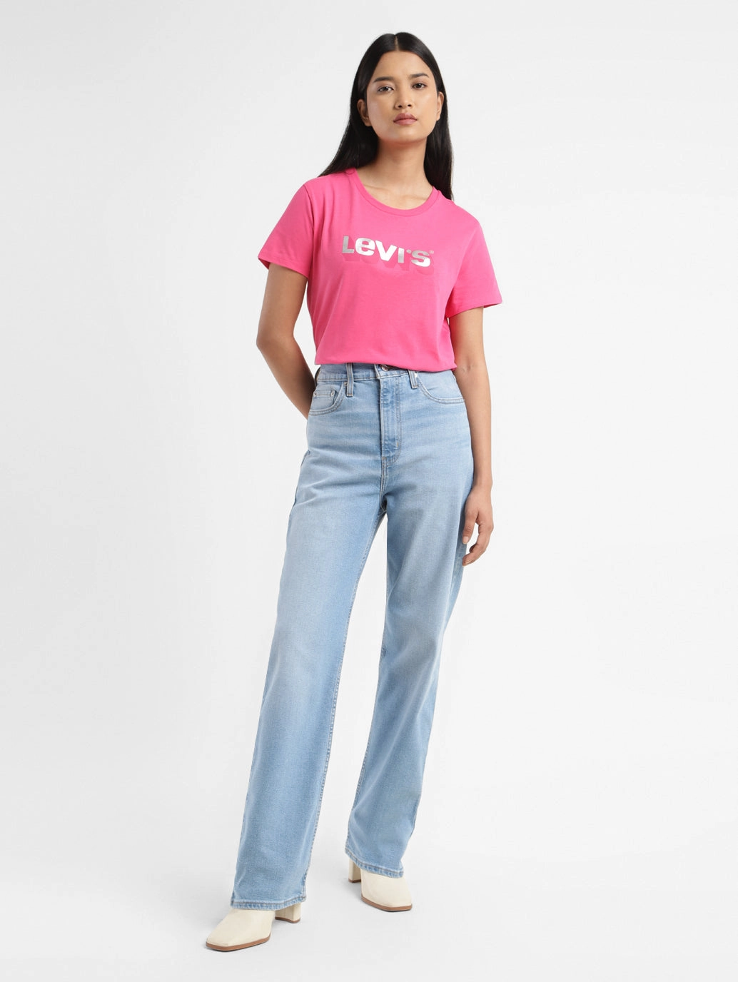 Women's Blue Ribcage Straight Fit High Rise Jeans Minimal Aesthetic Smart Fit Design