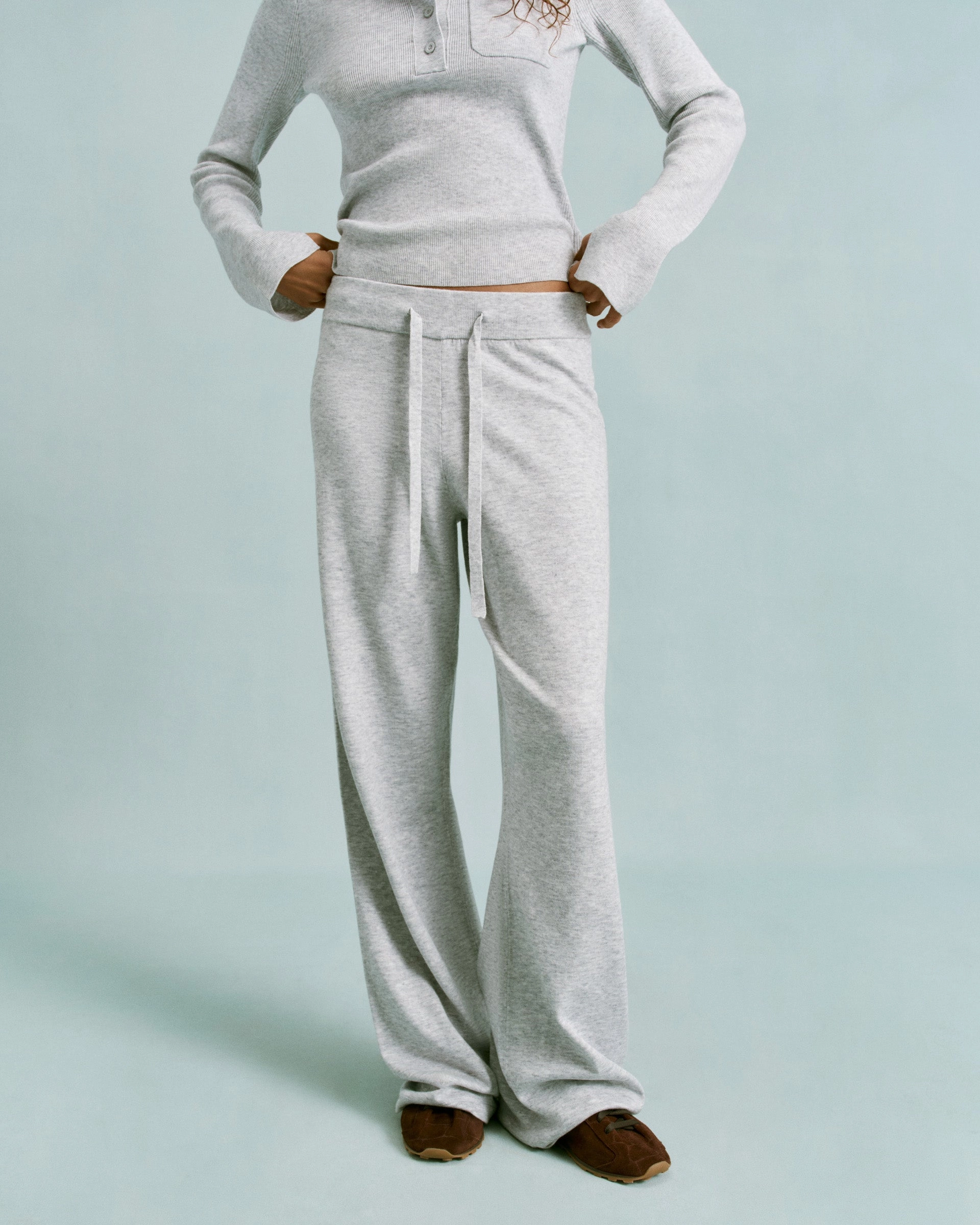 Knit Straight Leg Trousers - Light Grey Melange Timeless Fit