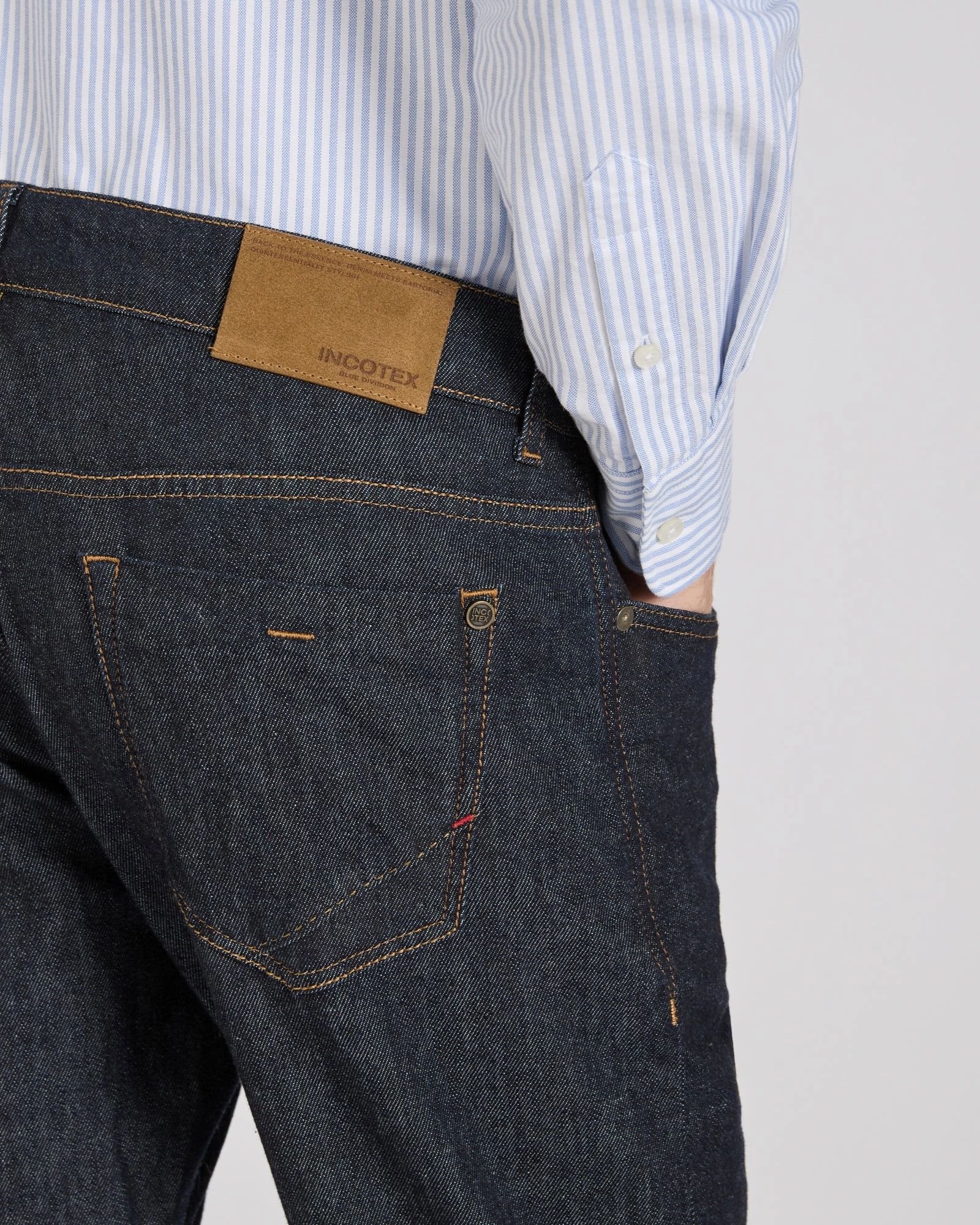 BreathableMeshLining Slim fit five-pocket blue cotton and cashmere denim trousers