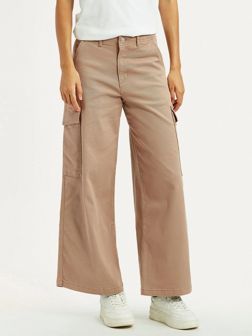 Women's Beige Regular Fit High Rise Cargo Trousers High-rise waist Tear Resistant Design
