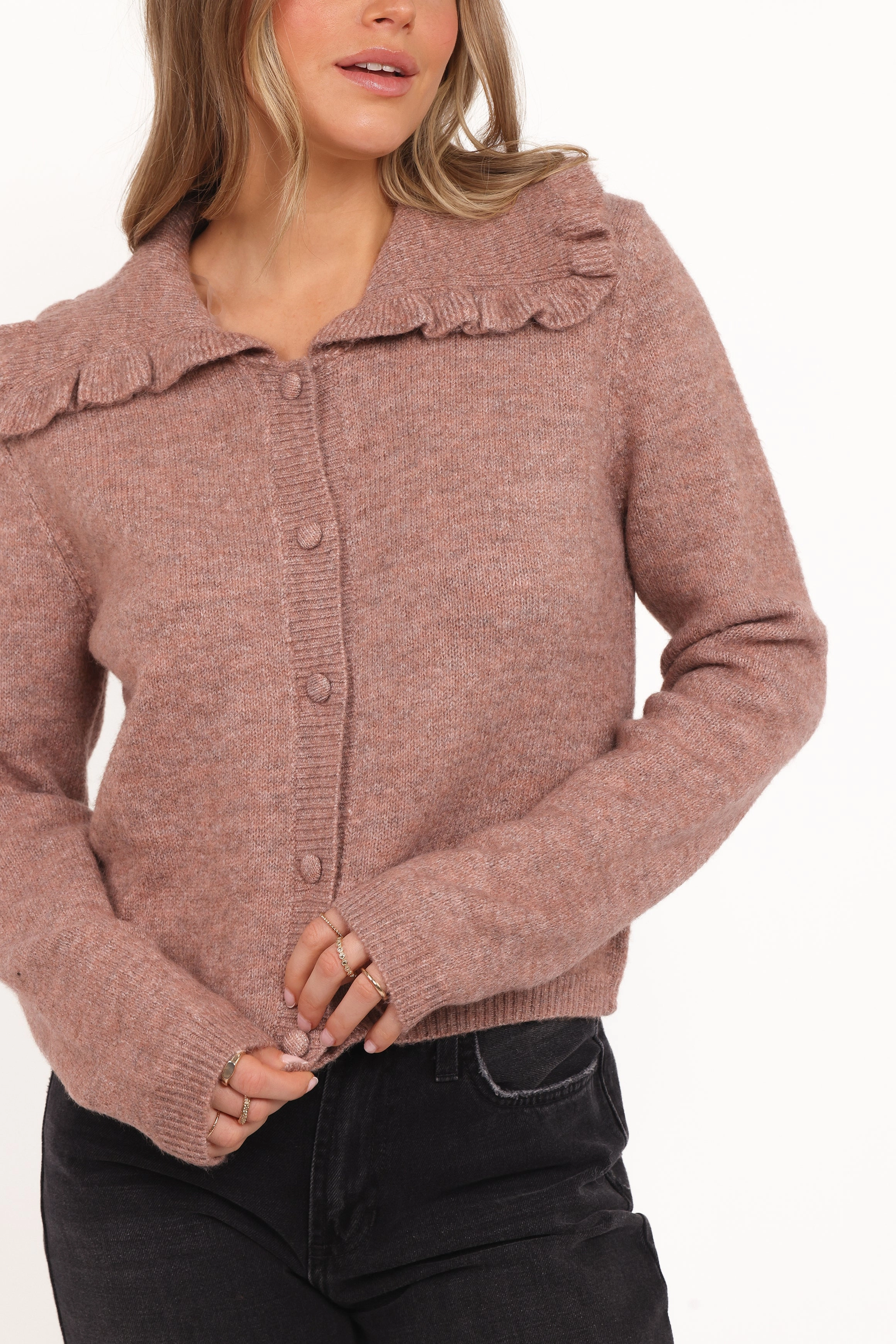Carmello Frill Collar Cardigan - Mocha Travel Warmth Fresh Comforted