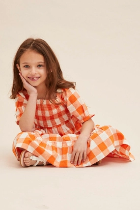 Check Kids Short Sleeve Check Shirred Midi Dress Spring Mood