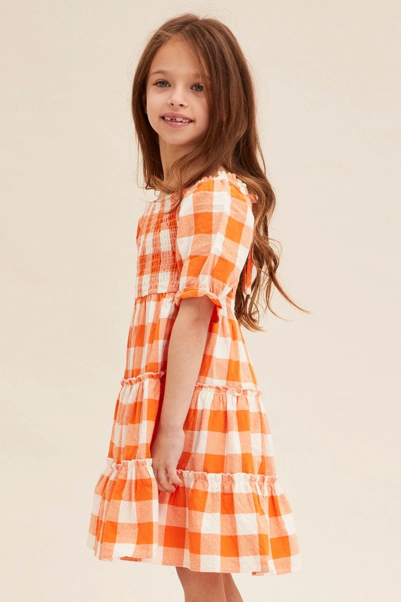 Check Kids Short Sleeve Check Shirred Midi Dress Chill Lines summer breeze