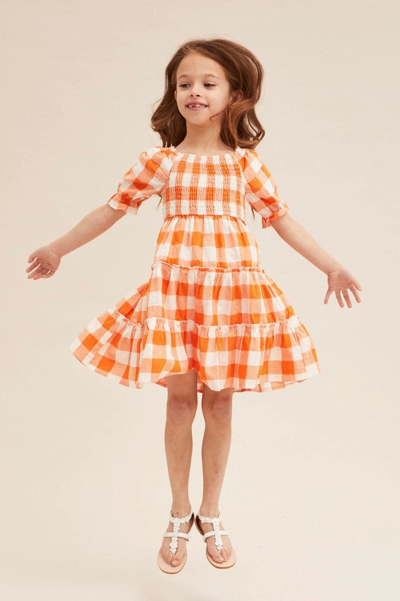 Olive Tone Scandi Clean Check Kids Short Sleeve Check Shirred Midi Dress