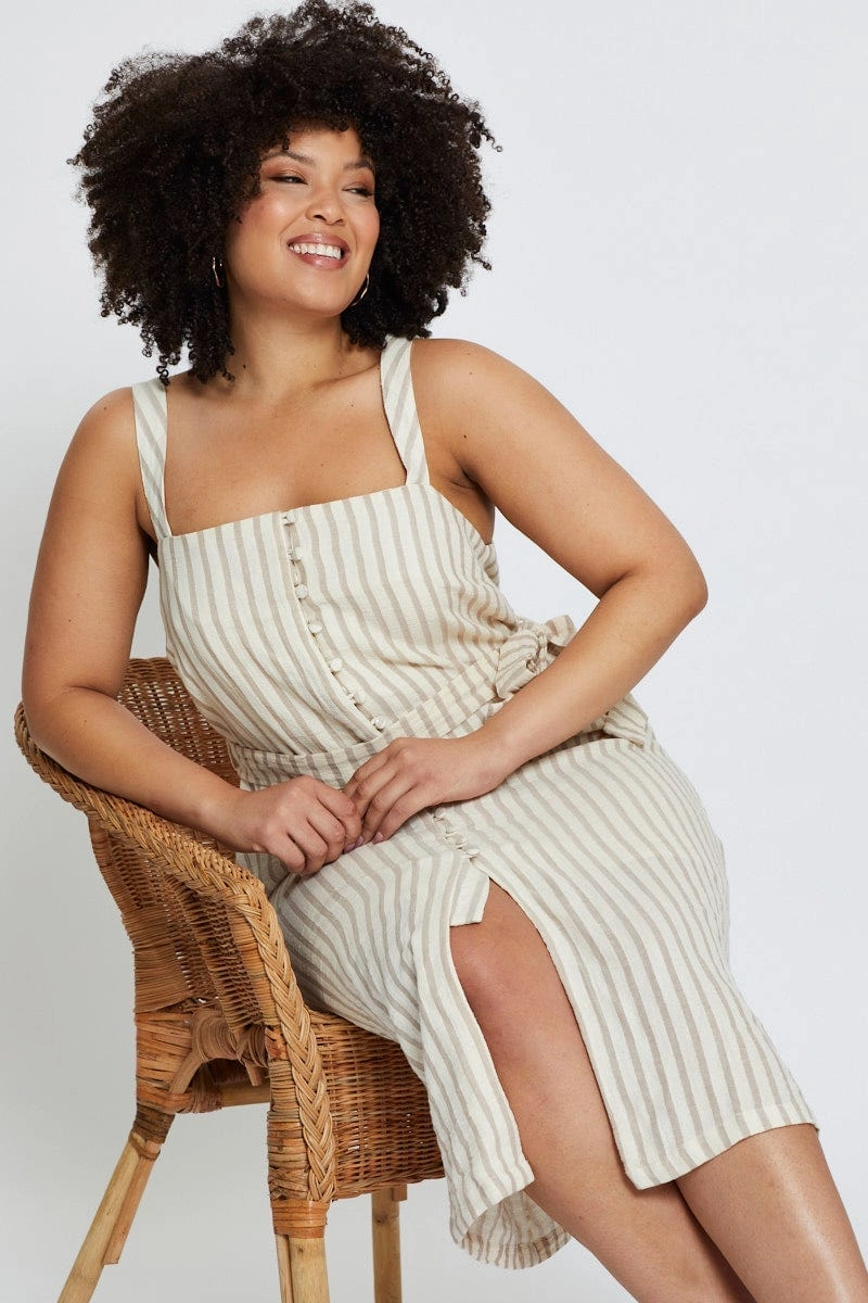 Minimalist Waist Fit Base Stripe Midi Dress Square Neck Sleeveless