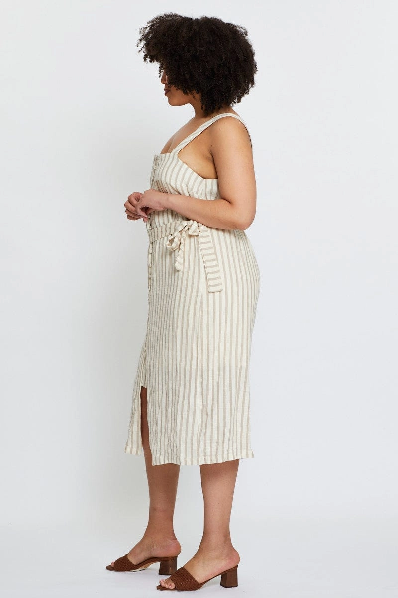 Soft Mesh Stripe Midi Dress Square Neck Sleeveless