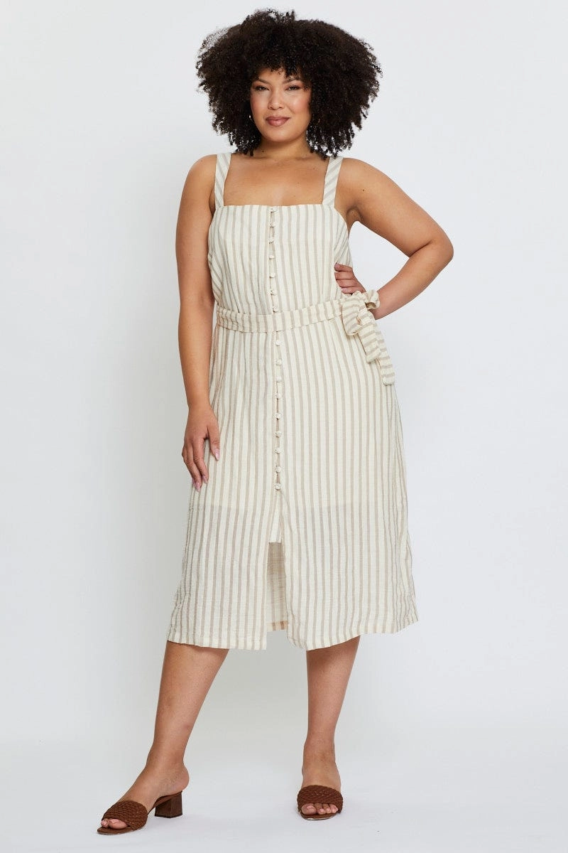 Soft Cut Stripe Midi Dress Square Neck Sleeveless