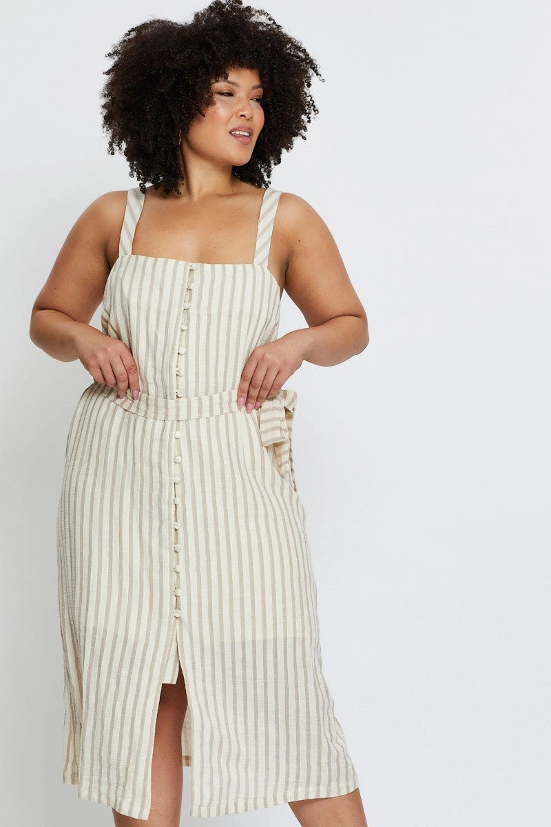 Stripe Midi Dress Square Neck Sleeveless Contrast-Piping Gloss Finish