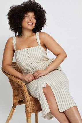 Minimalist Waist Fit Base Stripe Midi Dress Square Neck Sleeveless