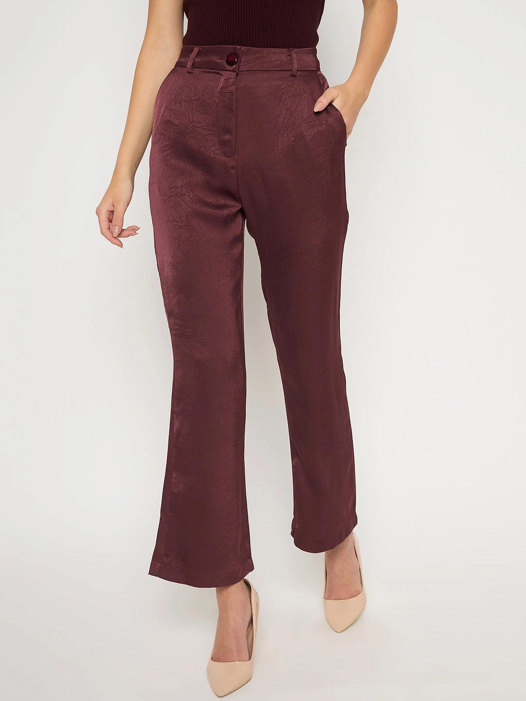 Easy Care Fabric Finish Madame Straight Fit Solid Maroon Trousers