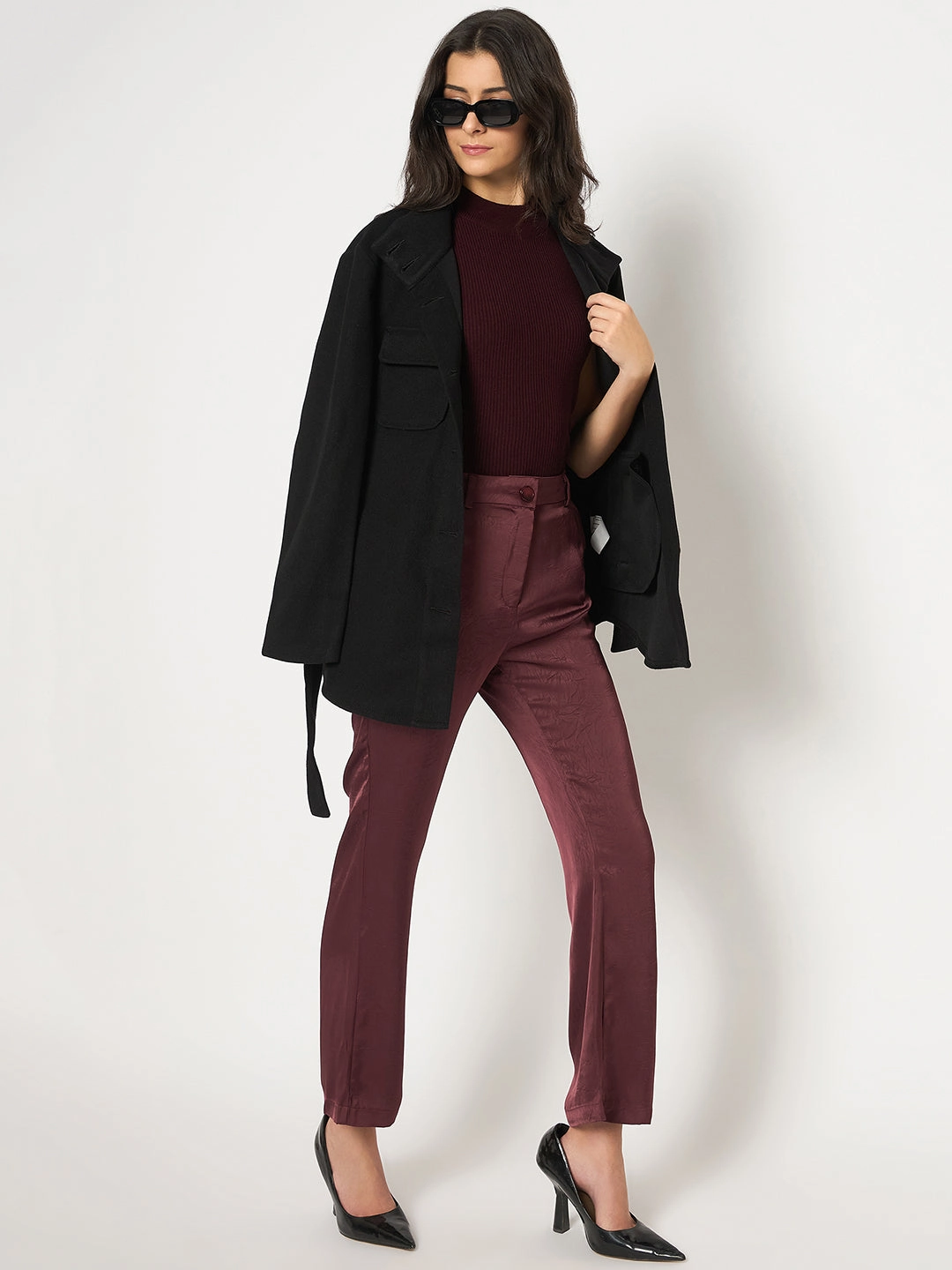 Polished Look Madame Straight Fit Solid Maroon Trousers