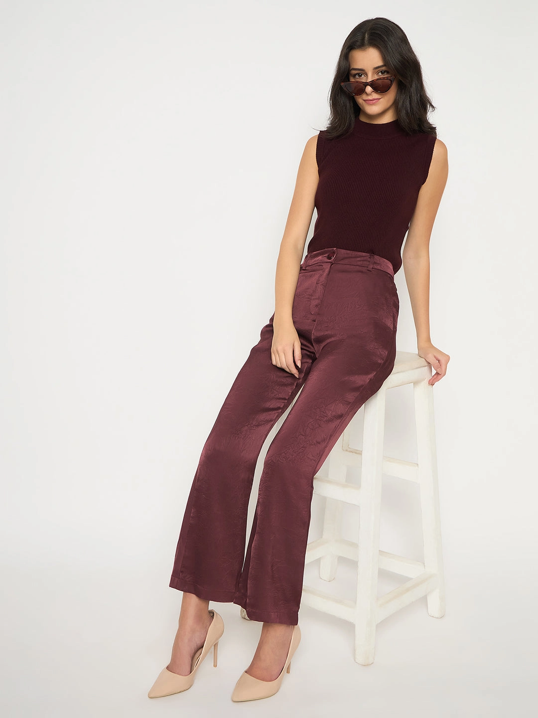 Body Sculpting Chill Wear Madame Straight Fit Solid Maroon Trousers