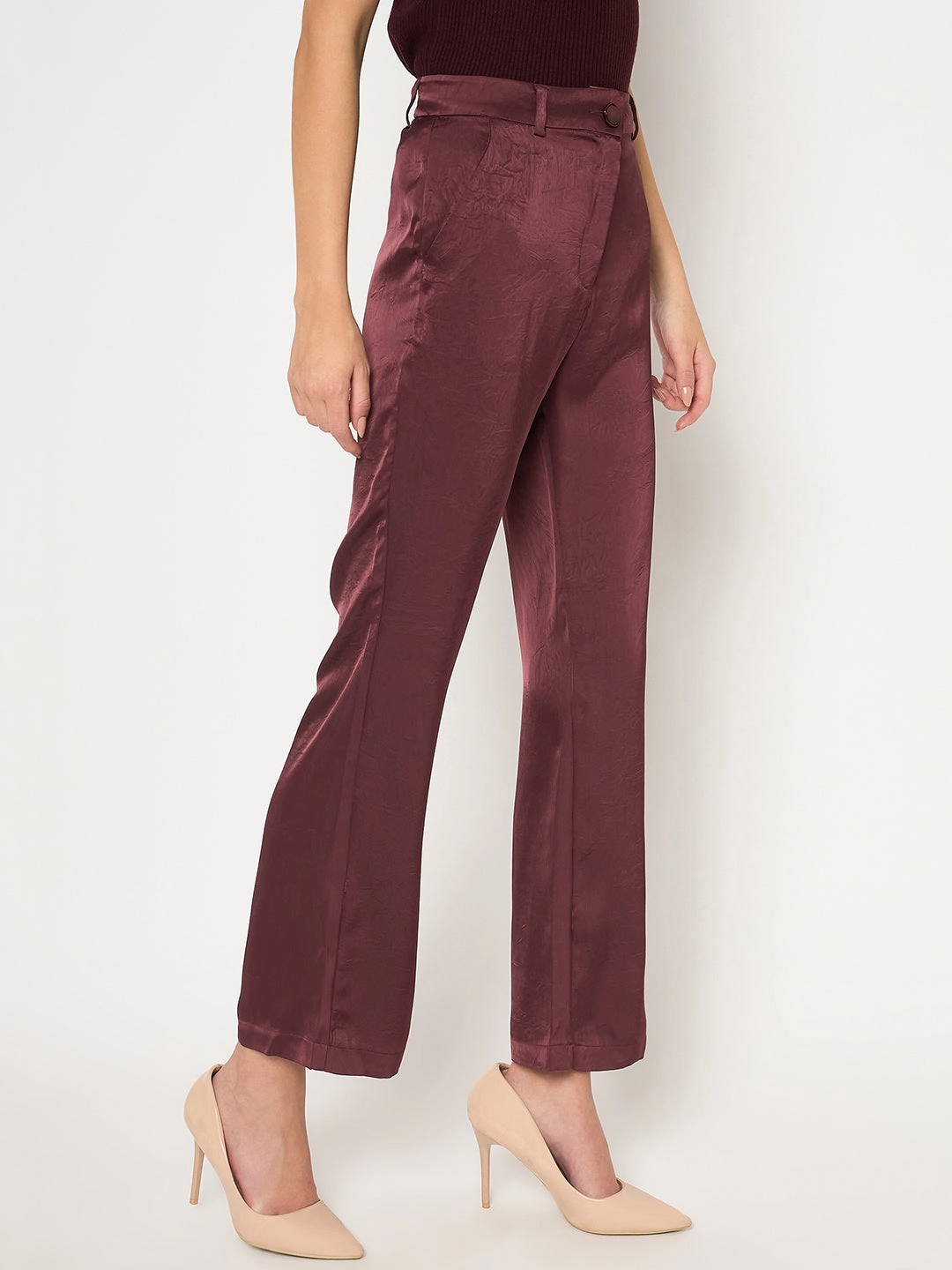 Madame Straight Fit Solid Maroon Trousers Casual Wear
