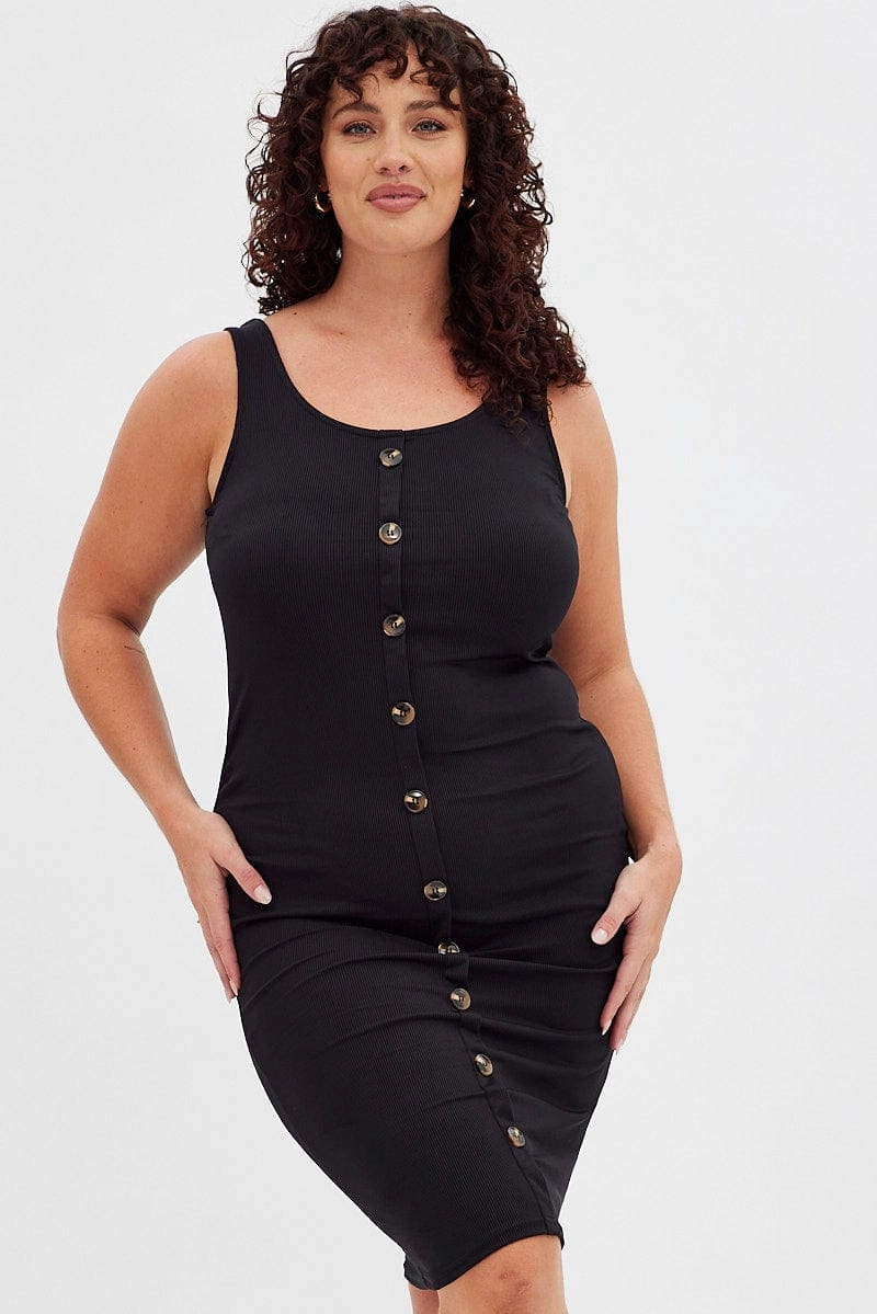 Black Midi Dress Rib Sleeveless Button Through Zip Closure Underwire-Support