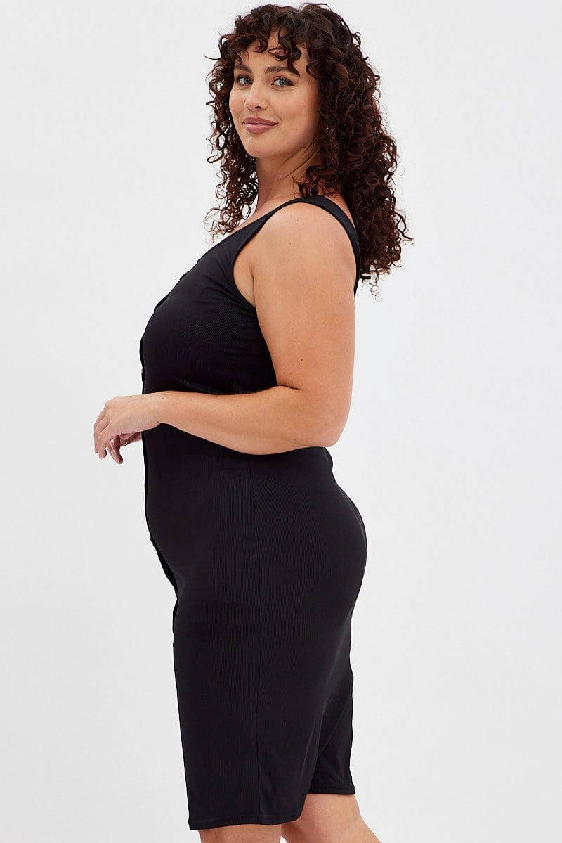 Chic Mom Black Midi Dress Rib Sleeveless Button Through
