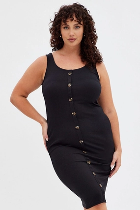 Bold Mood New Spirit Black Midi Dress Rib Sleeveless Button Through