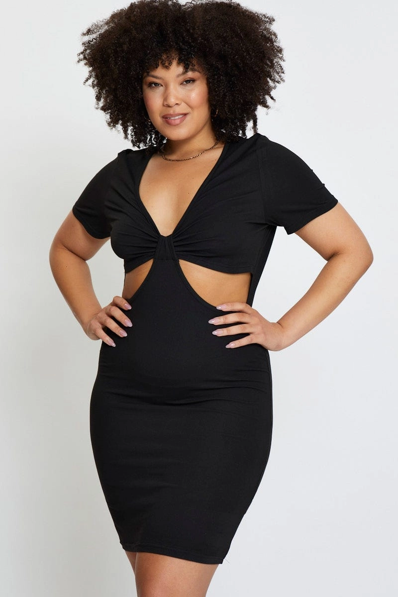 Black Mini Bodycon Dress Colla Short Sleeve Jersey Style Blend Easy Elegance