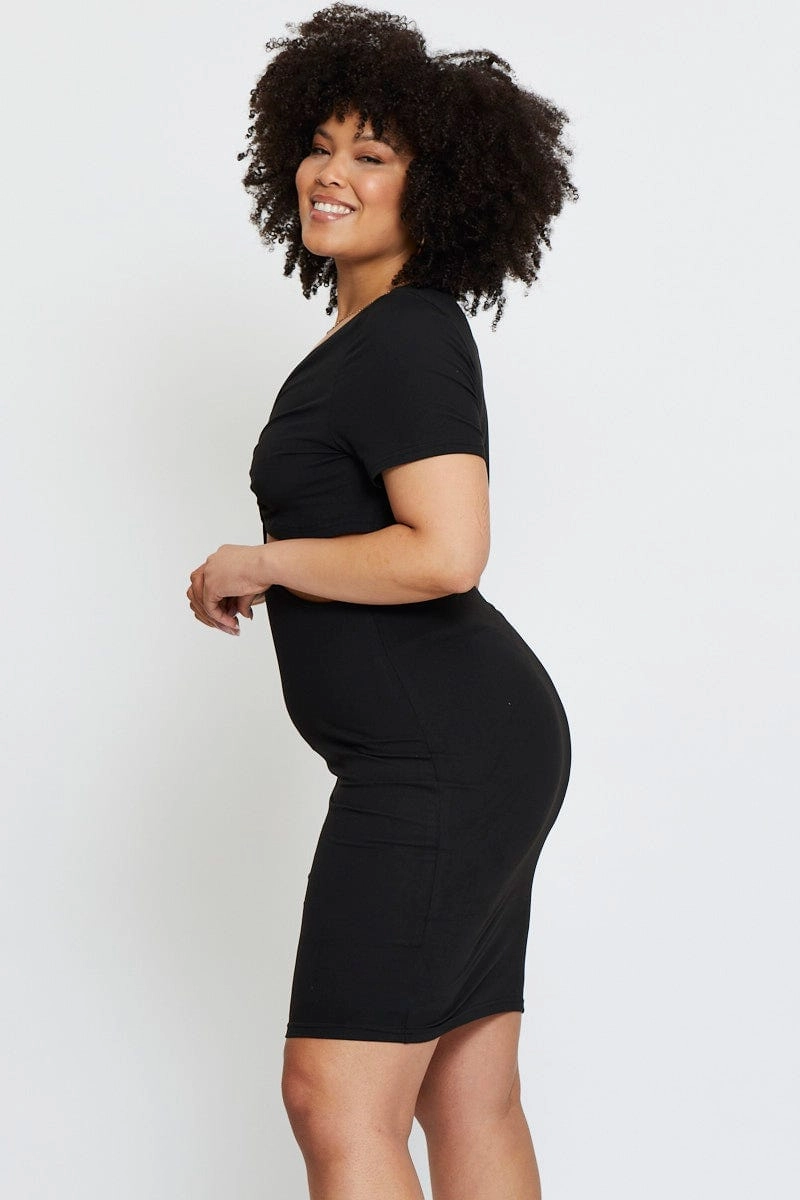 Peace View Black Mini Bodycon Dress Colla Short Sleeve Jersey