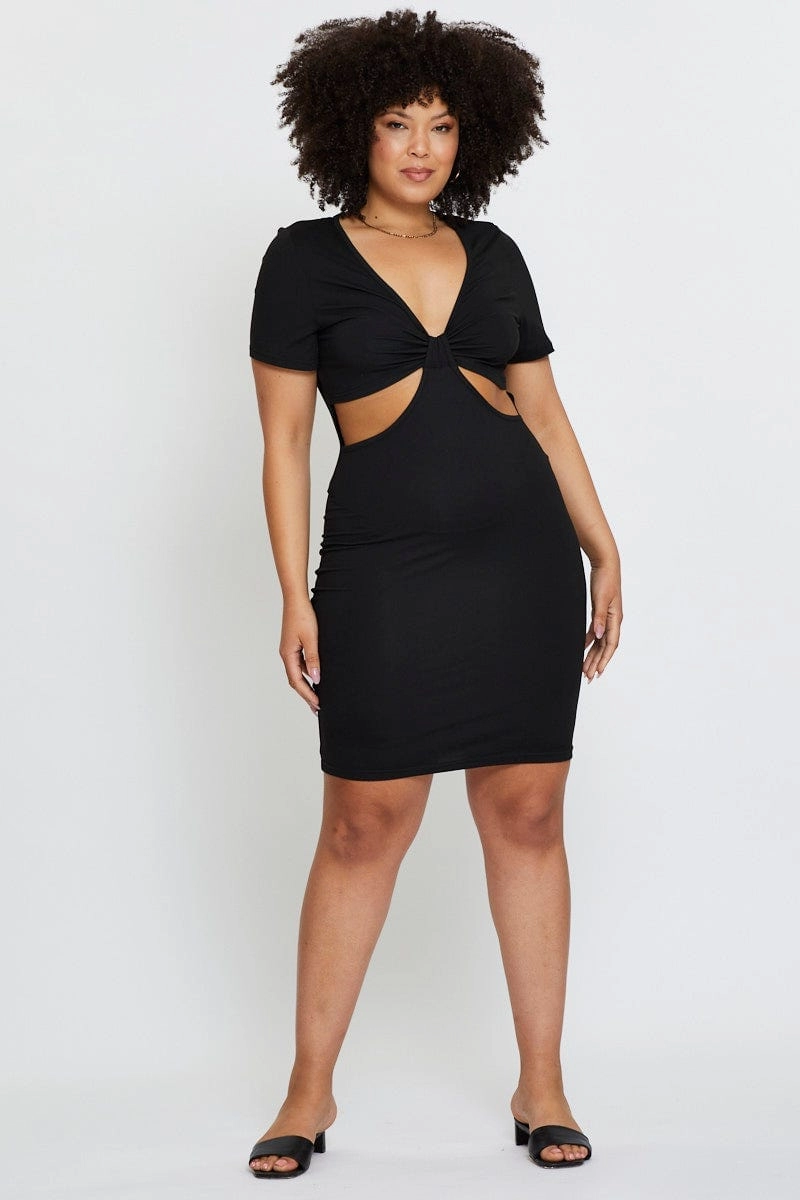 Travel Light Sleek Outline Black Mini Bodycon Dress Colla Short Sleeve Jersey