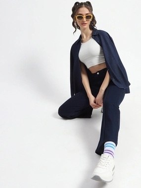 Reinforced Pockets Madame Cotton Blend Single Pleat Wide Leg Dark Blue Denim Jeans