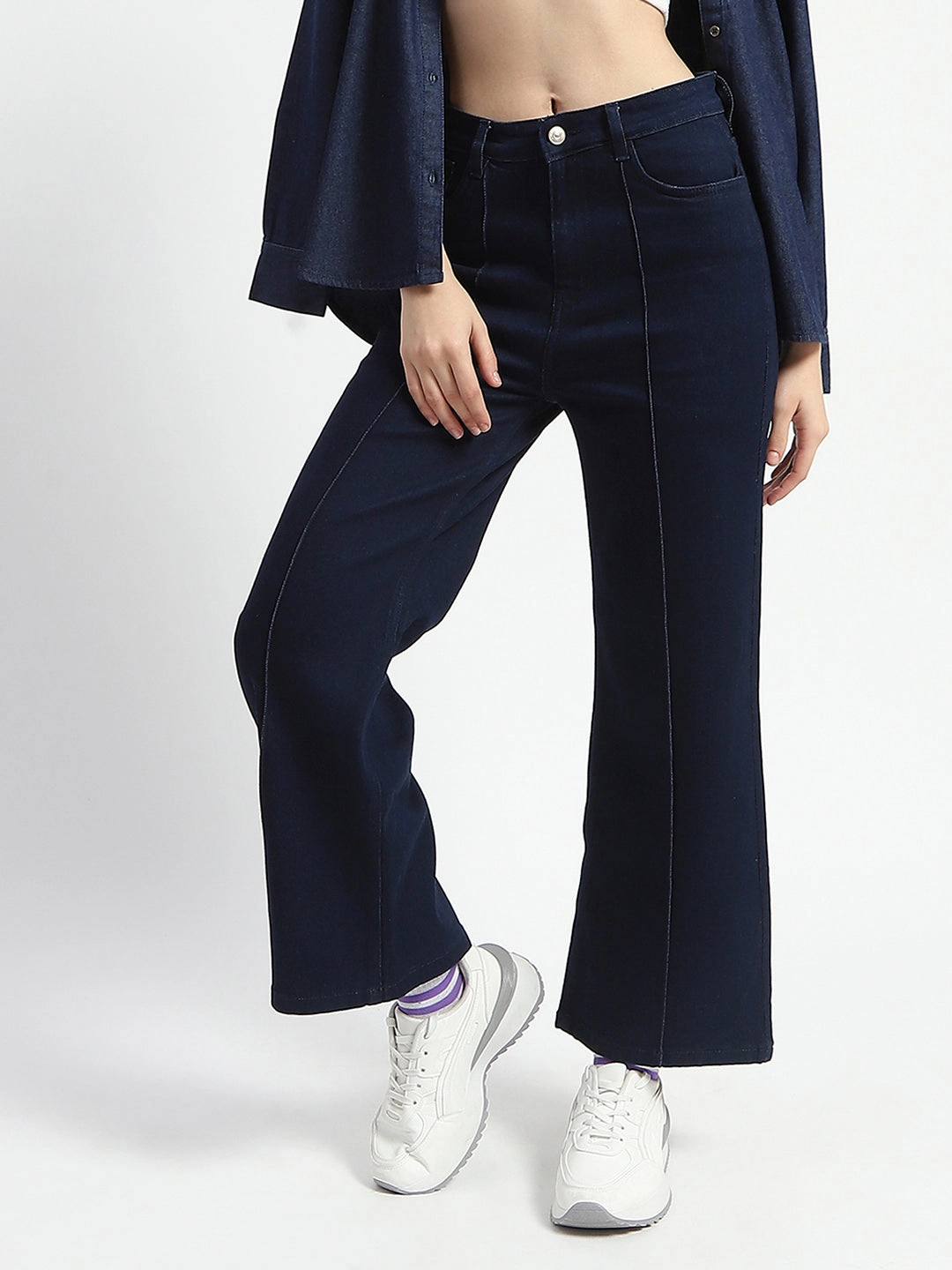 Madame Cotton Blend Single Pleat Wide Leg Dark Blue Denim Jeans Easy Fashion Soft Core