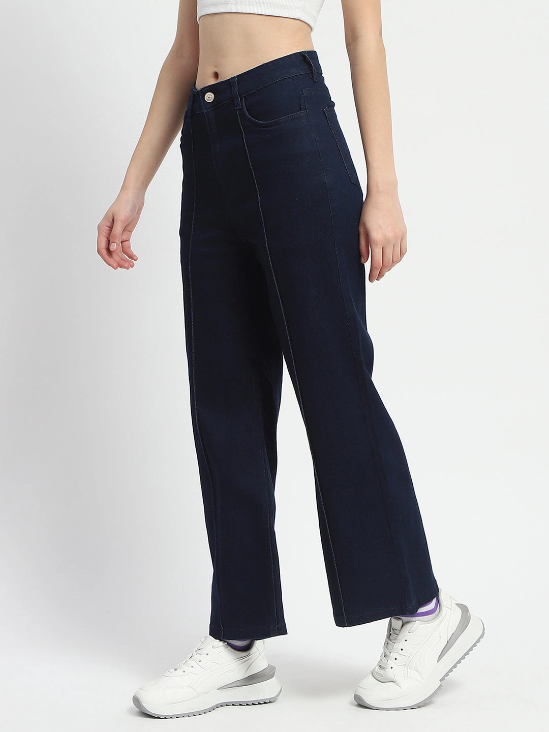 Madame Cotton Blend Single Pleat Wide Leg Dark Blue Denim Jeans Artist Vibe Premium Everyday Piece