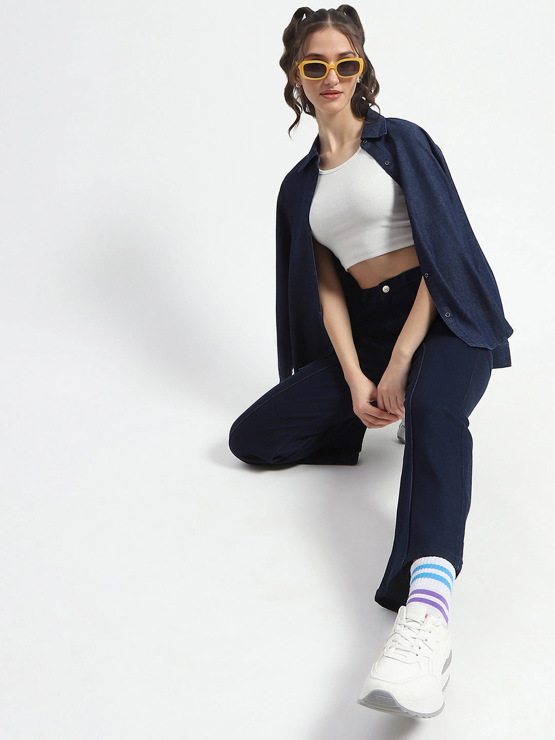 Reinforced Pockets Madame Cotton Blend Single Pleat Wide Leg Dark Blue Denim Jeans