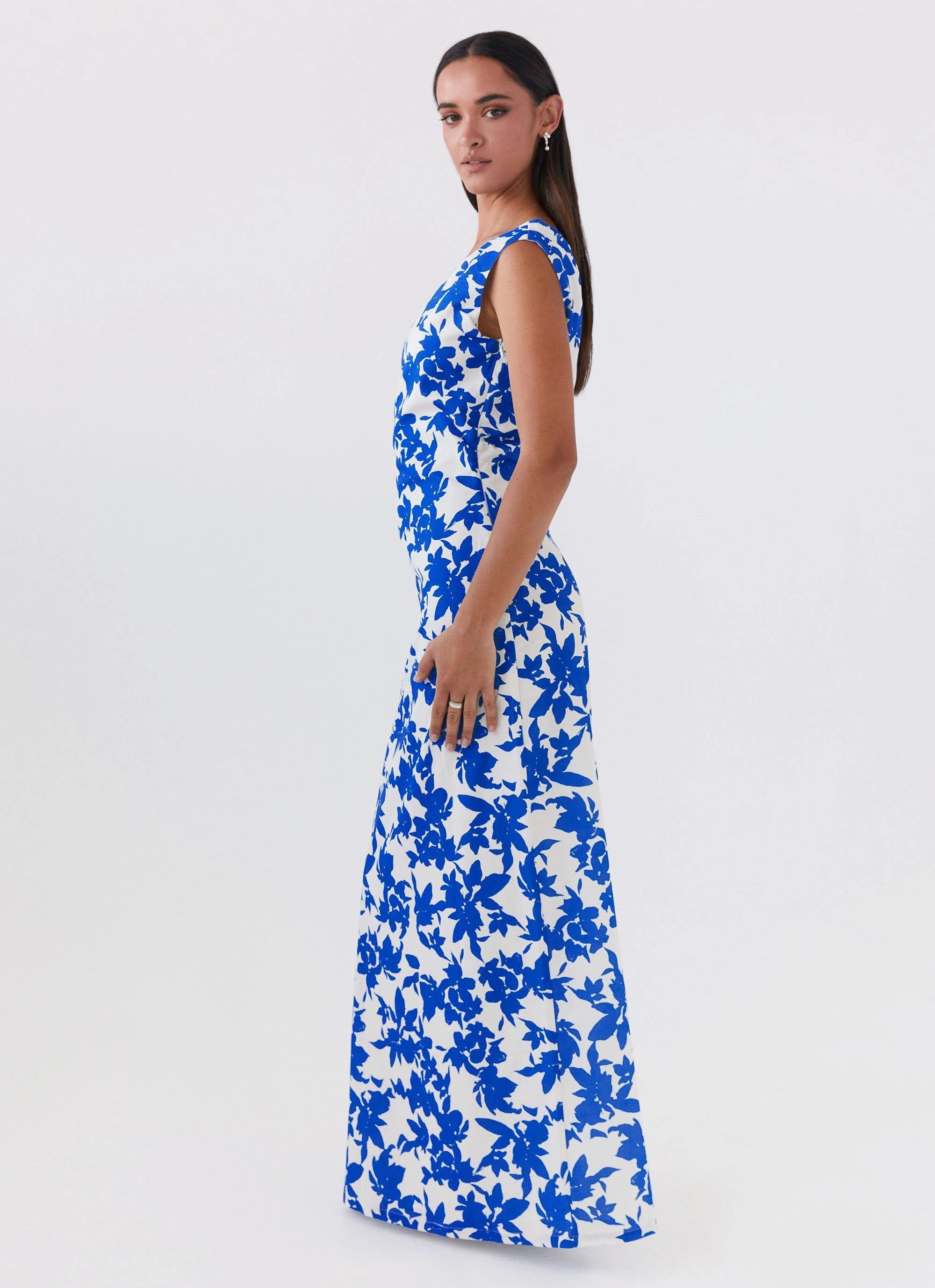 Tailored Comfort Work Vibes Pyper Off Shoulder Maxi Dress - Blue Floral