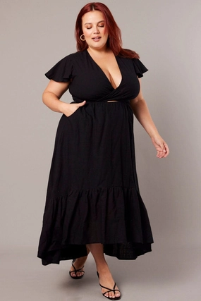 Flawless Waistband Fit All Purpose Black Tie Front Flare Sleeve Midi Dress