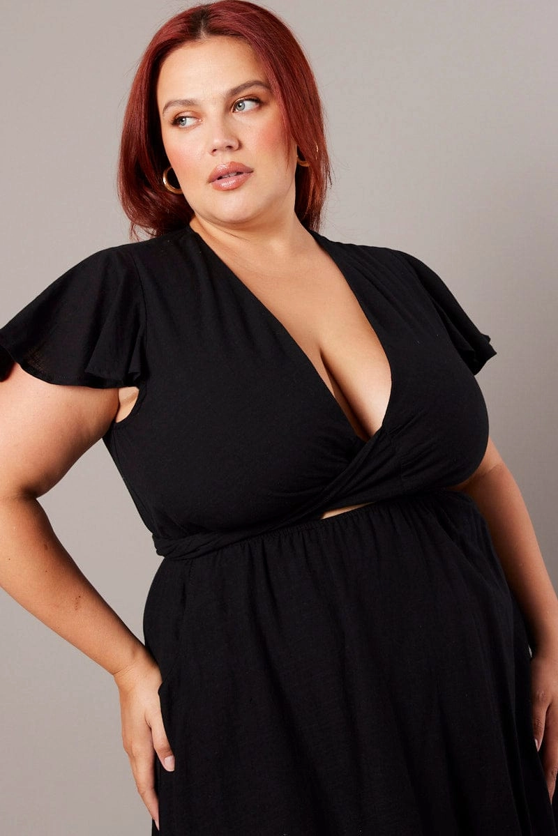 Black Tie Front Flare Sleeve Midi Dress Mood Comfort