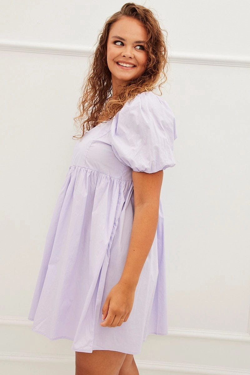 Purple Mini Dress Sweetheart Neck Puff Sleeve Party Polite Vibe Minimalist Style