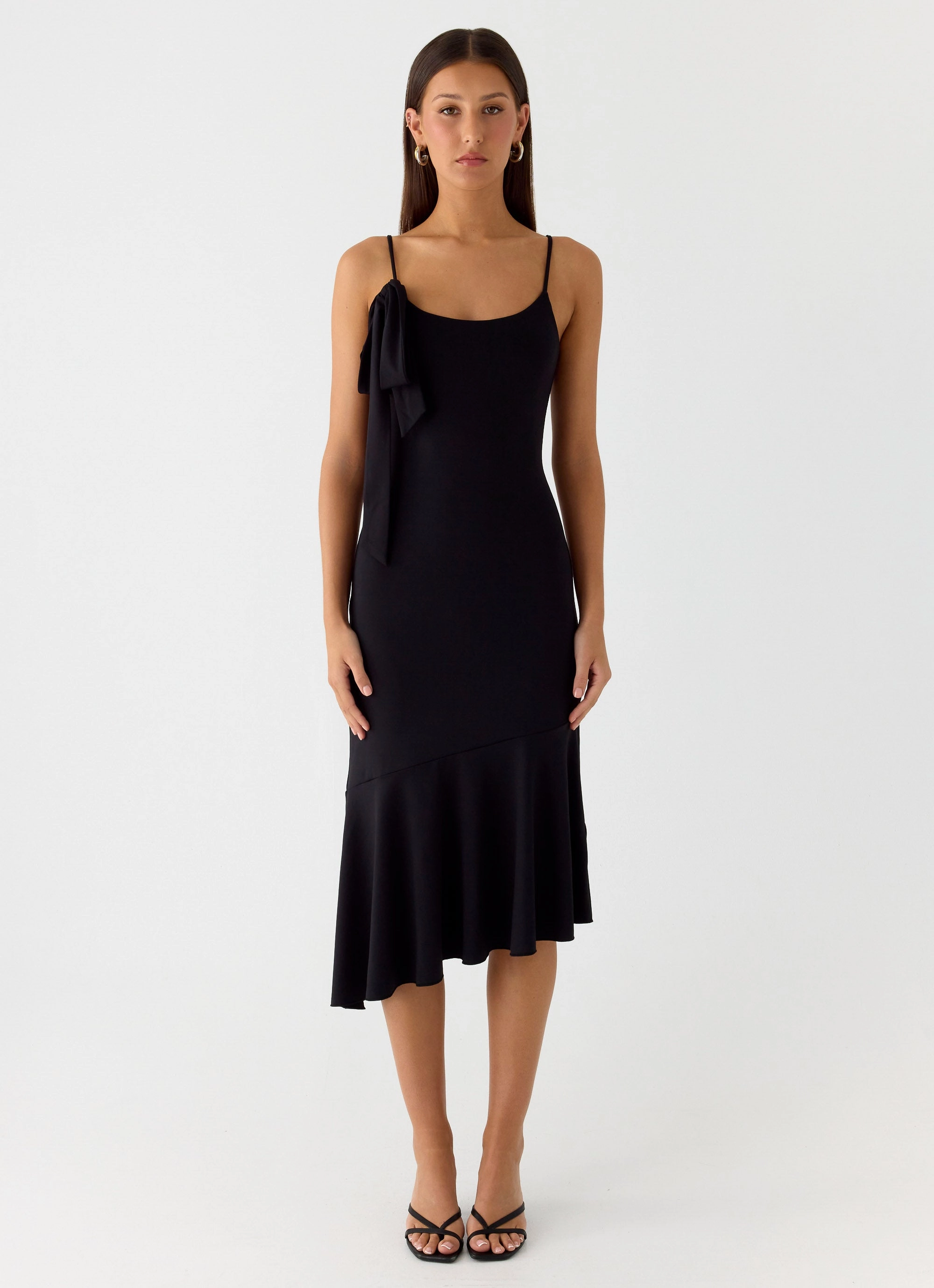 Tranquility Asymmetric Midi Dress - Black Korean Mood Stain-Guard-Finish