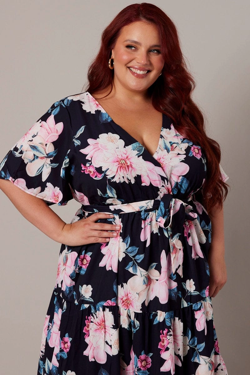 Black Floral Midi Dress Short Sleeve Wrap Front Tiered Signature-Style