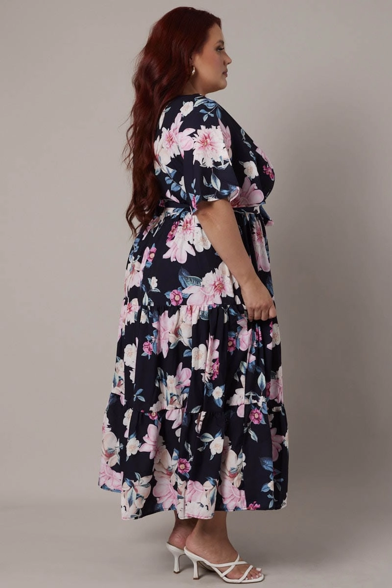 Fitted Design Black Floral Midi Dress Short Sleeve Wrap Front Tiered