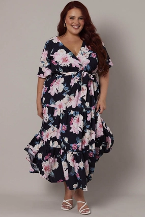 Smart Vibe Luxurious Texture Black Floral Midi Dress Short Sleeve Wrap Front Tiered