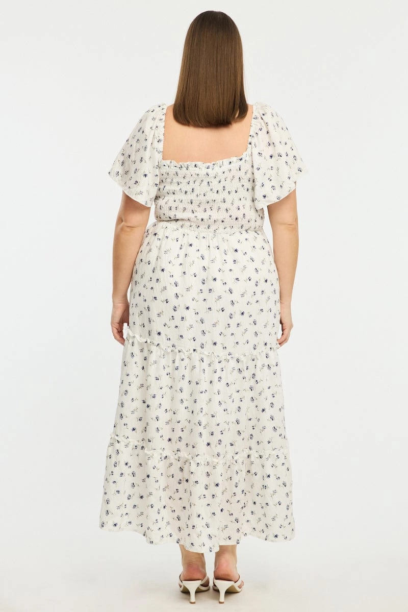 Blue Ditsy Maxi Dress Short Sleeve Shirred Body Tiered Airy Movement