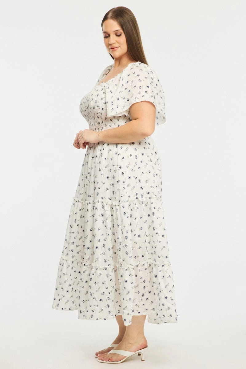 Blue Ditsy Maxi Dress Short Sleeve Shirred Body Tiered Trendy Everyday