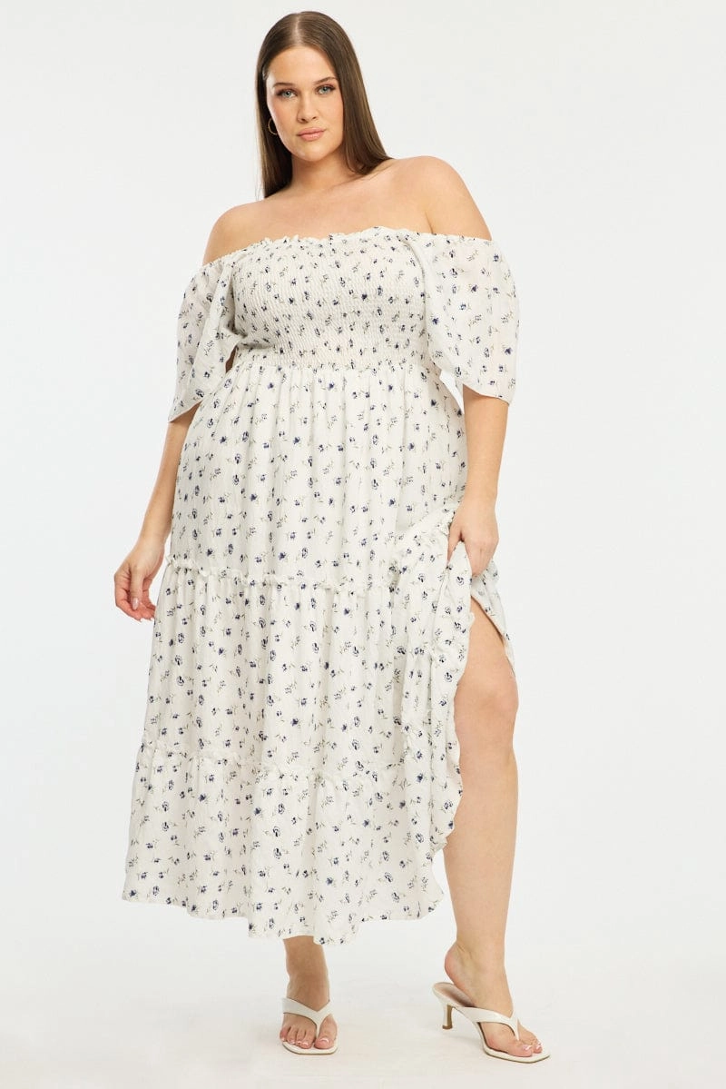 Blue Ditsy Maxi Dress Short Sleeve Shirred Body Tiered Work Flex Peach Tone