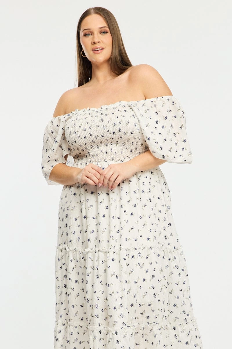 Blue Ditsy Maxi Dress Short Sleeve Shirred Body Tiered Interchangeable-Detail Satin Finish