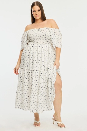 Blue Ditsy Maxi Dress Short Sleeve Shirred Body Tiered Work Flex Peach Tone