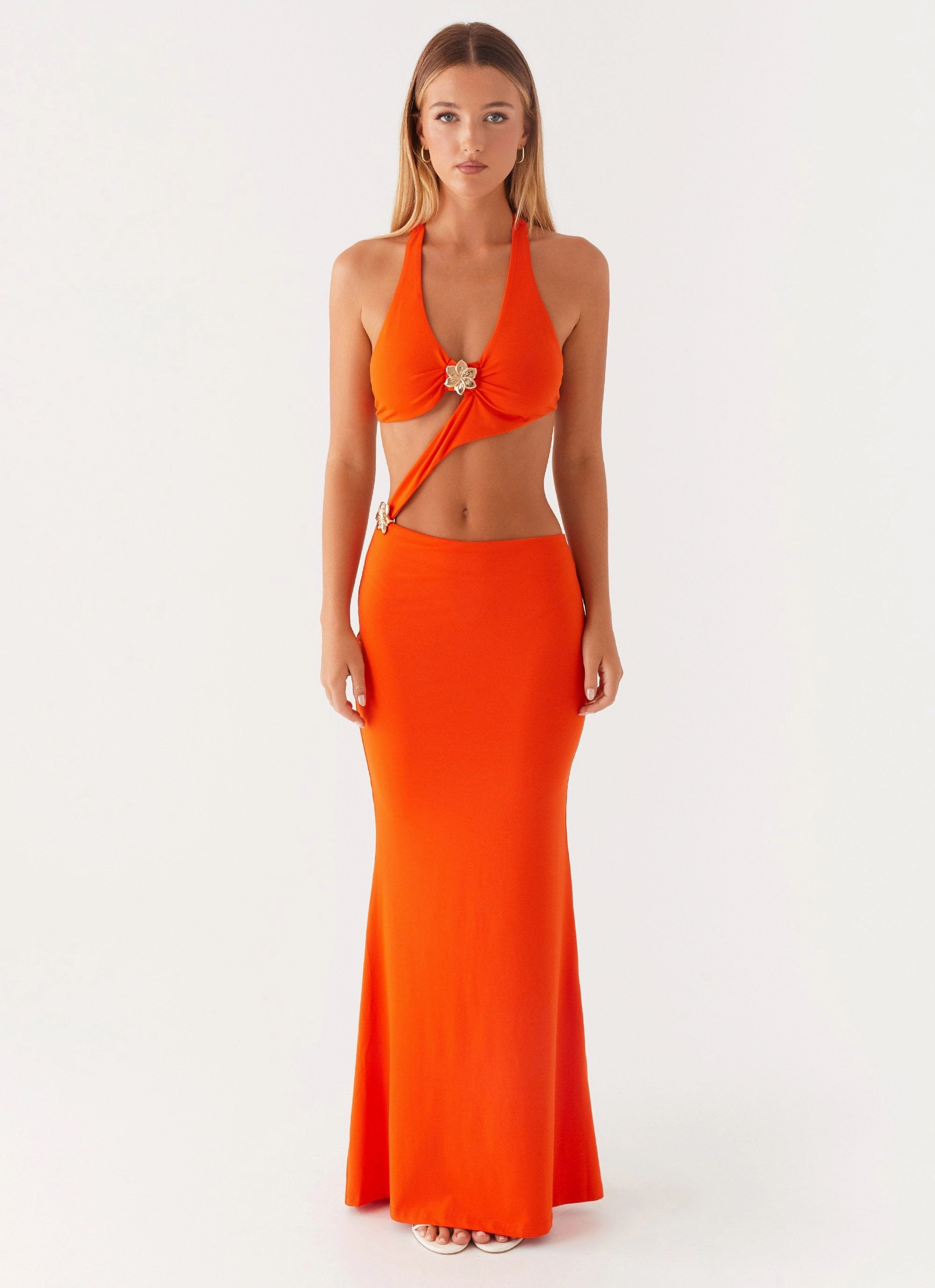 Reasons To Stay Cut Out Maxi Dress - Orange Pleated design