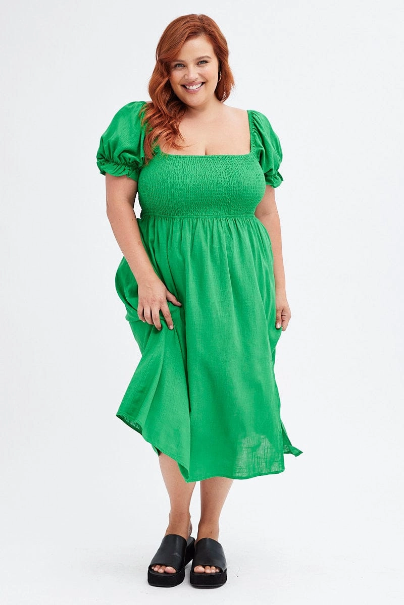 Fern Shirred Short Sleeve Linen Blend Midi Dress Tailored Fit