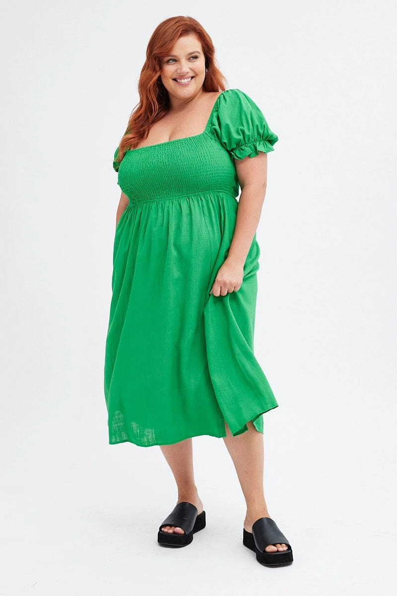 Fern Shirred Short Sleeve Linen Blend Midi Dress Everyday-Comfort Street Mode