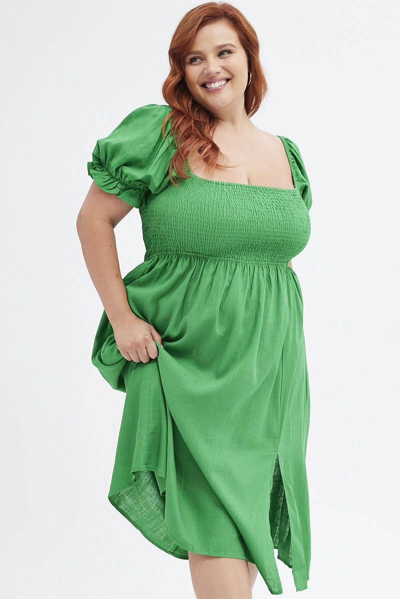 Fern Shirred Short Sleeve Linen Blend Midi Dress Natural Flow Modern Comfort