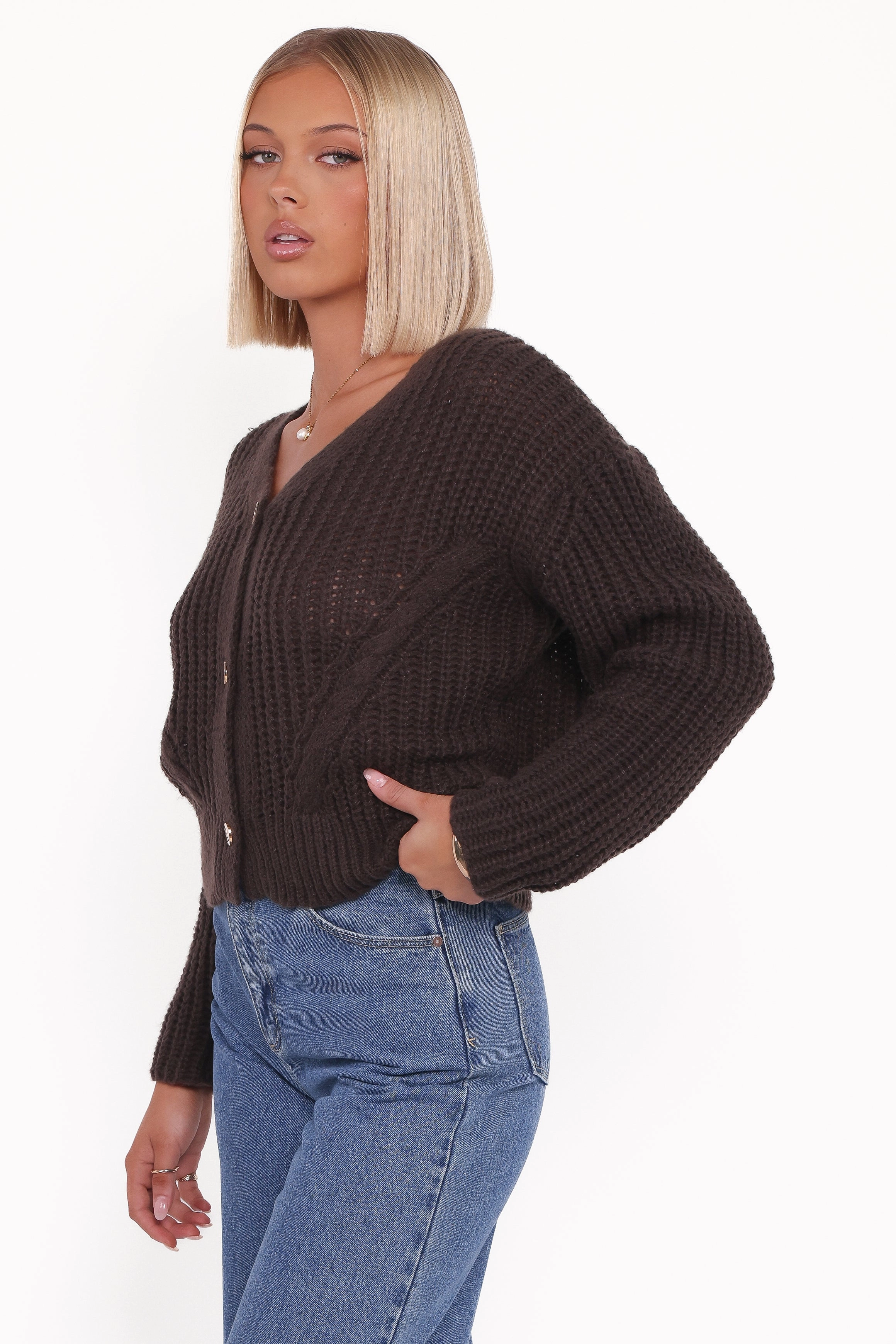 Henderson Thick Knit Cardigan - Brown Rolled Cuffs